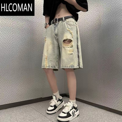 HLCOMAN网红黄泥染破洞牛仔短裤男款侧拉链夏季高街复古运动休闲五分裤子