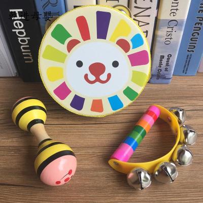 新品直营-儿童玩具摇铃手铛木制串铃鼓早教乐器套装组合婴儿拨浪鼓黄熊头铃鼓+黄半园手摇铃+蜜蜂双头沙球