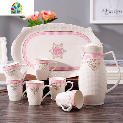 家用水具套装陶瓷冷水壶创意凉水壶耐热防爆花茶壶水杯具套装欧式 FENGHOU 目若秋水6杯1壶1盘普包