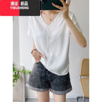 YIBUSHENG女季宽松显瘦V领t恤人造棉薄款休闲短袖时尚百搭衬衫棉绸上衣