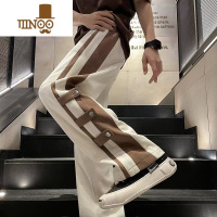 YANXU夏季潮牌条纹排扣休闲裤男美式高街vibe风宽松百搭拼接运动长裤