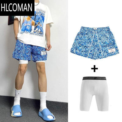 HLCOMAN潮牌涂鸦美式短裤夏季不过膝运动速干休闲四分裤男跑步高街篮球裤