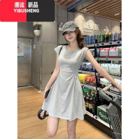 YIBUSHENG舒心韩妹~纯色简约褶皱收腰短袖连衣裙女季小众设计裙子