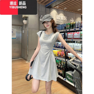 YIBUSHENG舒心韩妹~纯色简约褶皱收腰短袖连衣裙女季小众设计裙子