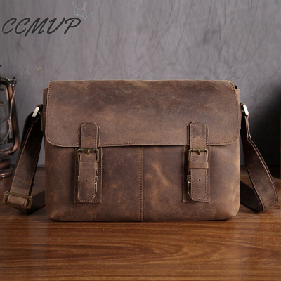 CCMVP品牌自营质量保证-CCMVP男士疯马皮真皮头层牛皮斜挎包单肩包书包学生复古潮横版邮差黄棕色iPad可装