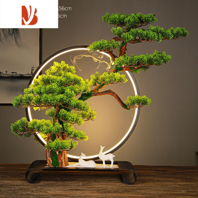 三维工匠新中式仿真迎客松摆件假山植物盆栽造景客厅玄关家居装饰酒店盆景鹿鹿高升-两只白鹿+白沙仿真植物