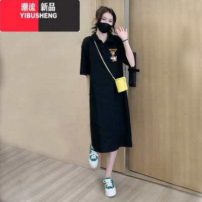 YIBUSHENG大码女装polo衫短袖t恤连衣裙季中长款过膝裙子小个子长裙
