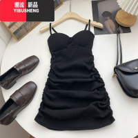YIBUSHENG两侧皱褶带胸垫无袖连衣裙女2023年春装韩版百搭修身A字背心裙子