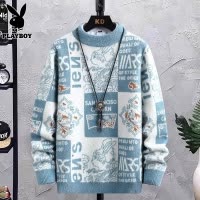 花花公子圆领毛衣男士秋冬季新款宽松衣服潮牌拼色休闲内搭针织衫