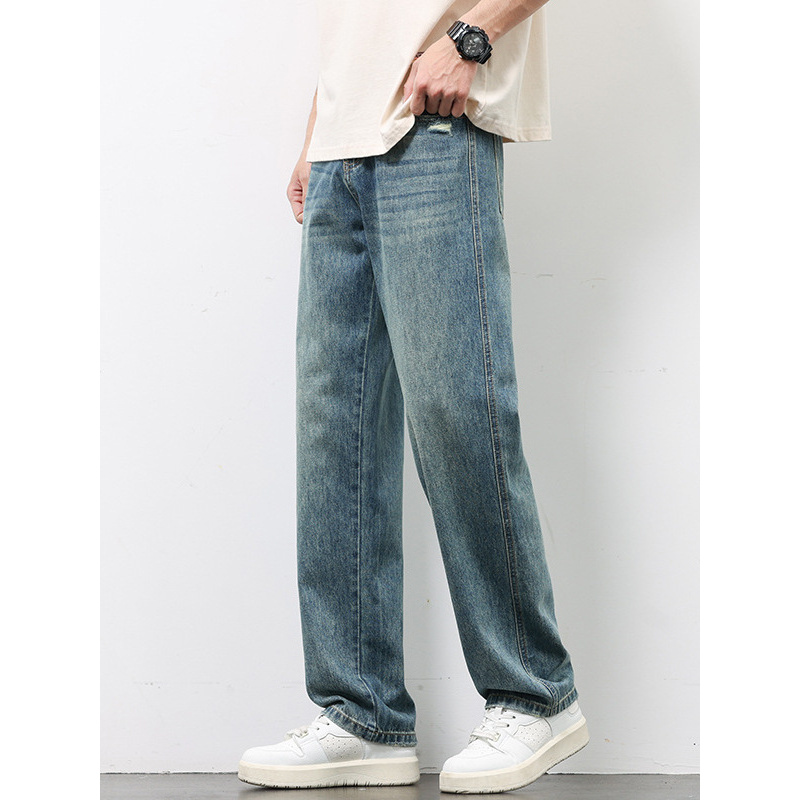 经典蓝色微破洞牛仔裤男春秋新款潮流休闲百搭显瘦宽松直筒裤男装