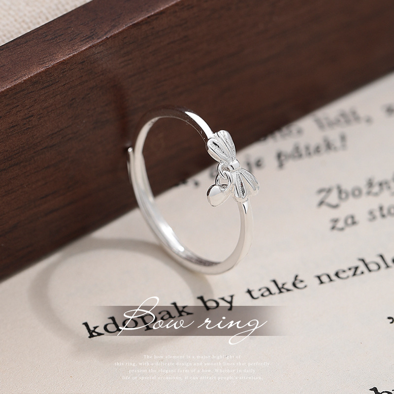 s925纯银蝴蝶结爱心戒指女简约小清新时尚素圈开口戒手饰批发礼物送女朋友老婆情人节七夕生日礼物