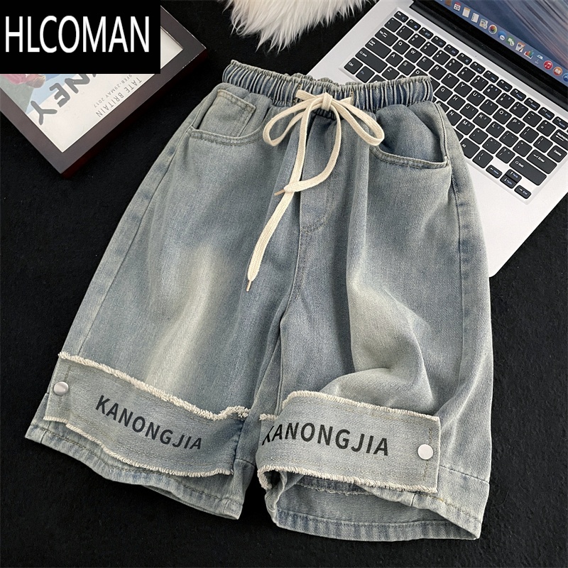 HLCOMAN黄泥牛仔短裤男潮牌痞帅美式复古水洗做旧工装风宽松休闲五分中裤