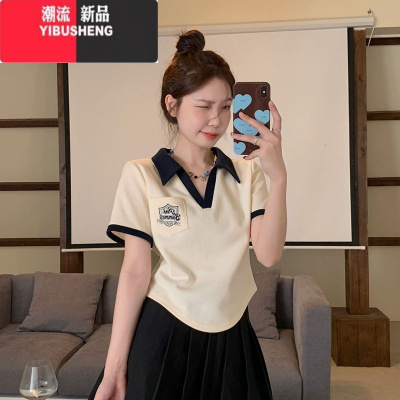 YIBUSHENG美式复古正肩polo衫短袖t恤女宽松设计感小众别致短款辣妹上衣