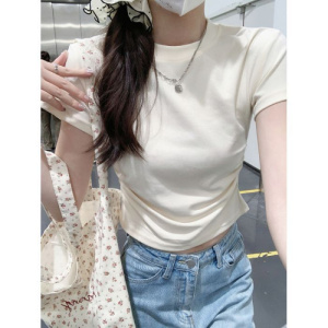 含棉 辣妹短款T恤女新款短袖设计感圆领修身褶皱收腰百搭上衣女潮