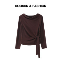 天丝长袖T恤女装年秋季新款时尚纯色一字领显瘦百搭系带上衣