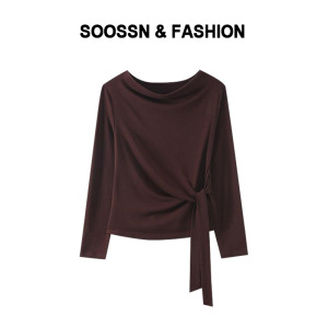 天丝长袖T恤女装年秋季新款时尚纯色一字领显瘦百搭系带上衣