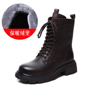 头层牛皮马丁靴冬季新款复古百搭加绒保暖粗跟英伦风中筒靴