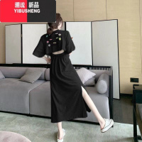 YIBUSHENG2023年不规则设计感长款过膝开叉裙子女季小心机露腰宽松连衣裙