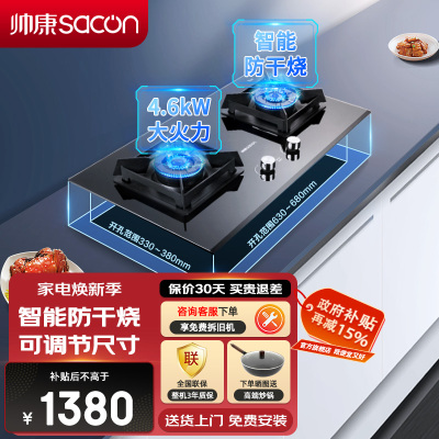 帅康(sacon)E8T01F燃气灶防干烧可调节双灶台式嵌入式煤气灶4.6kW大火力家用钢化玻璃免改孔炉具煤气炉液化气