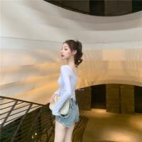 秋季新款性感露背长袖T恤女百搭设计感U领纯色上衣辣妹打底衫