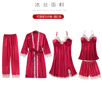 HLCOMAN冰丝绸新娘性感睡衣女春秋夏季睡袍睡裙五件套装红色结婚浴袍晨袍睡裙