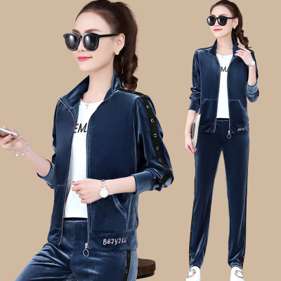 金丝绒运动套装女春秋2020新款烫钻立领修身洋气休闲跑步服三件套