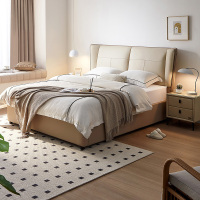 全友家居意式极简真皮高箱储物床灰蓝U型双区软包床屏头层黄牛皮1.8米双人床收纳皮床