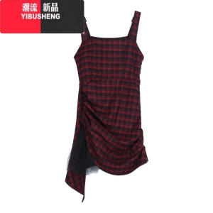 YIBUSHENG甜辣妹撞色格子吊带裙女季不规则褶皱辣妹包臀裙连衣裙