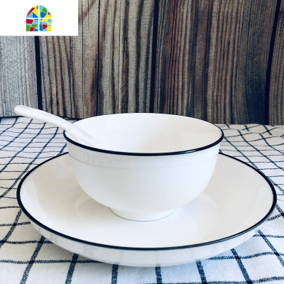 封后碗碟套装家用陶瓷2人菜盘瓷碗大号汤碗面碗汤勺双人情侣餐具碗盘 FENGHO 黑线8碗8盘1汤碗1汤勺8勺8筷图片色