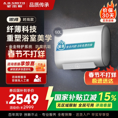 AO史密斯佳尼特 60升电热水器 纤薄双胆扁桶 金圭内胆 3kW速热 CTE-60HT0 小尺寸71cm