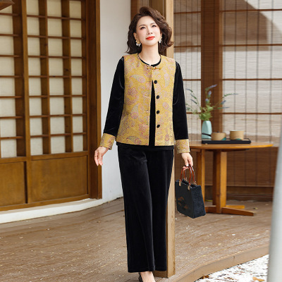 新款妈妈装春装三件套女金丝绒洋气春秋套装女50岁国风衣服40-60