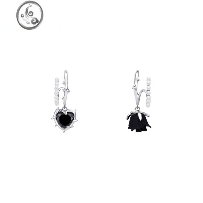 JiMi法式爱心玫瑰不对称三角耳夹无耳洞女黑色复古轻奢高级感小众耳饰