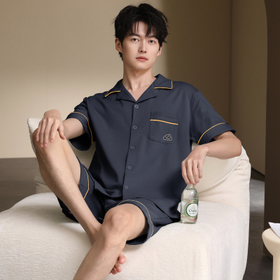 夏季男士新款纯棉翻领睡衣开衫短袖短裤薄款大码舒适可外穿家居服