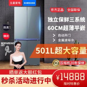 三星RF50DG55513GSC超薄嵌入式 501升 三循环 AI节能 超净离子除菌 智能十字对开门冰箱青锦灰