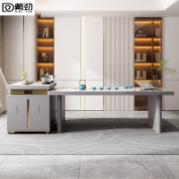 戴劲现代轻奢岩板餐桌岛台茶桌烧水壶一体桌客厅泡茶桌椅2.0米单桌+一桌四椅