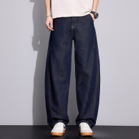 高街潮男宽松牛仔裤 原色丹宁 明线设计 大码阔腿直筒工装长裤 男