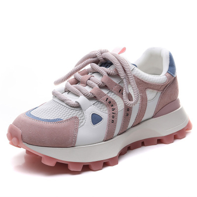 真皮厚底拼色网面鞋时尚阿甘鞋女夏季新款舒适女复古运动休闲鞋