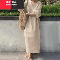 YIBUSHENG2024季休闲亚麻连衣裙宽松文艺大码遮肚显瘦五分袖季开叉长裙