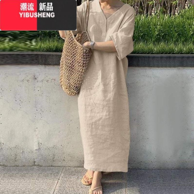 YIBUSHENG2024季休闲亚麻连衣裙宽松文艺大码遮肚显瘦五分袖季开叉长裙