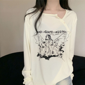 印花春秋打底宽松长袖T恤女秋季辣妹网红小众设计感气质洋气上衣