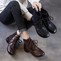 2026春季新款头层牛皮简约英伦复古风粗跟镂空透气时尚小个子凉靴