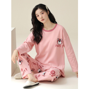浪莎睡衣女春秋款纯棉长袖可外穿卡通家居服女款2025新款大码套装