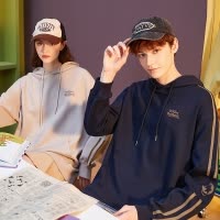 [2.5折价98元]唐狮春秋季新款连帽情侣卫衣男宽松织带拼接情侣装外套女生潮