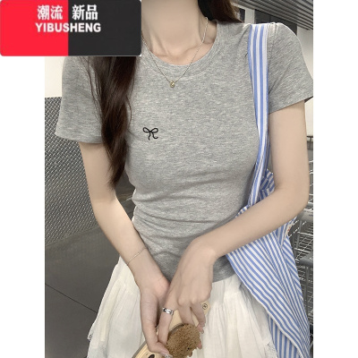 YIBUSHENG蝴蝶结刺绣正肩短袖T恤韩系甜辣妹修身显身材内搭打底小众上衣女