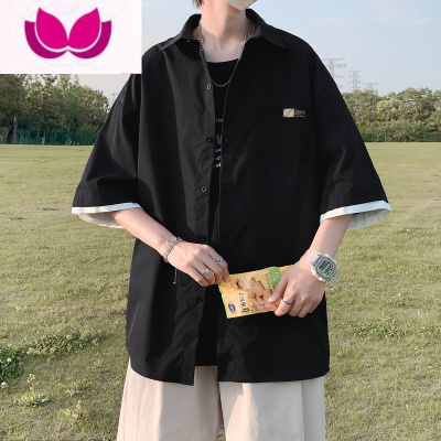 七斓冰丝短袖衬衫男宽松假上衣ins港风夏季薄款衬衣外套潮流痞帅