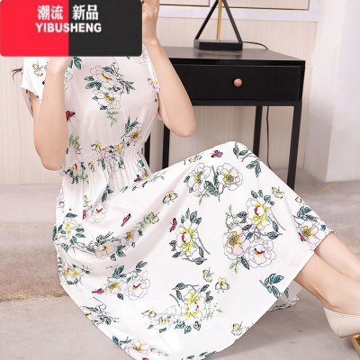 YIBUSHENG碎花短袖棉绸连衣裙松紧收腰显瘦绵绸沙滩裙大码印花中长裙女