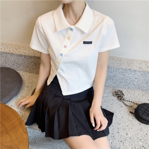 6535棉夏季新款polo衫短袖T恤女修身高腰翻领短款学生上衣潮
