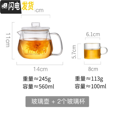 三维工匠玻璃茶壶可高温加厚泡茶杯红茶具套装家用冲煮茶器过滤单壶烧水壶 560单壶+2个小杯子