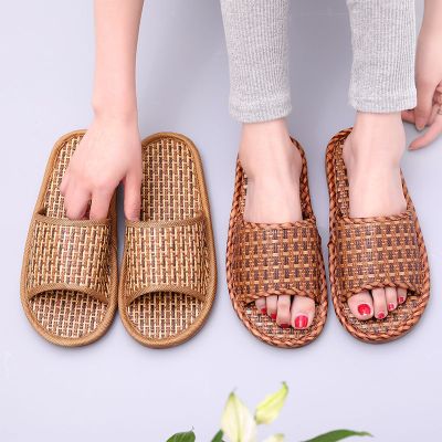 竹编藤凉拖鞋女夏天季防滑情侣网红凉拖家居室内席男拖鞋家用