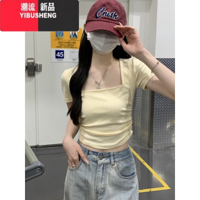 YIBUSHENG褶皱纯欲风方领短袖T恤女正肩修身小个子露脐短款2024春季上衣